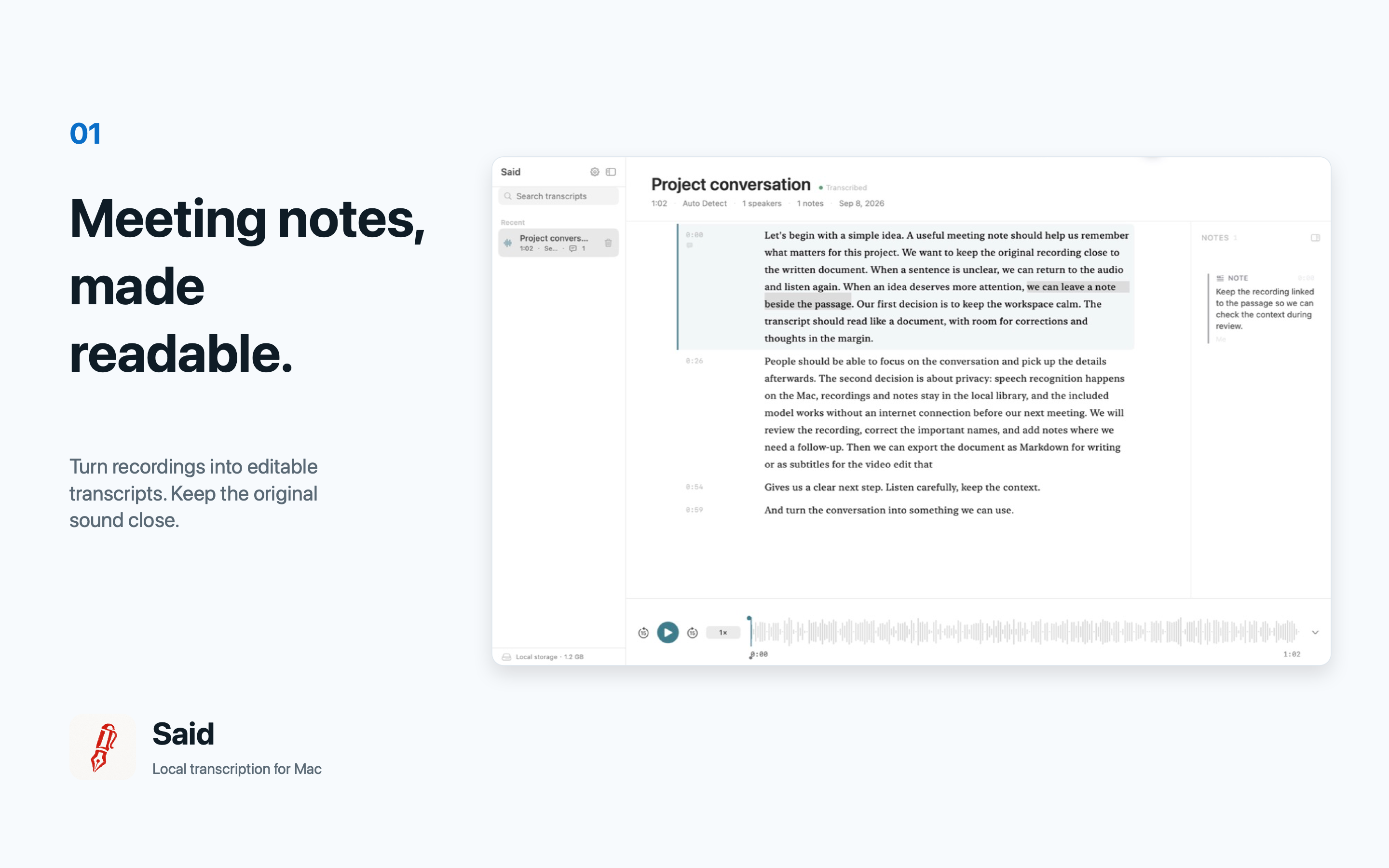 Said meeting transcript with editing, margin notes, and audio playback.